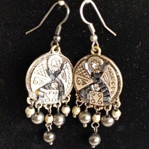 Silver-tone and Bronze Ornate Dangle Earrings with Circular Pendants